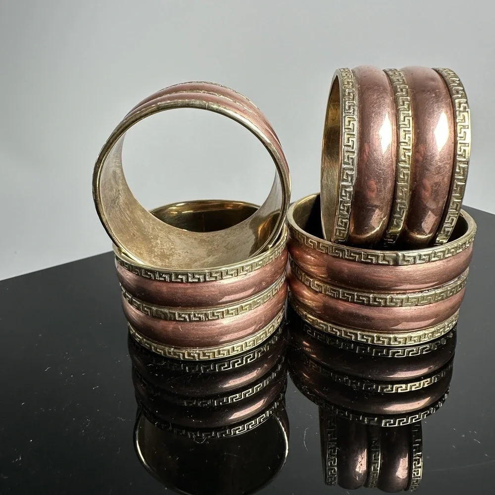 Vintage Set 4 Brass Copper Greek Key Mid Century Regency Napkin Holder Rings